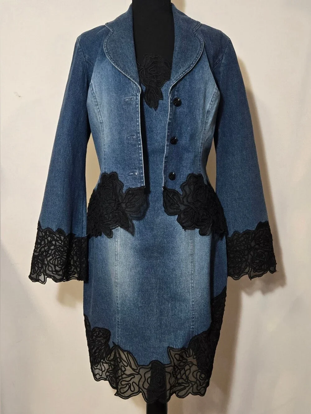 Basix II, Blue Denim Jacket & Skirt Set with Black Lace Trim